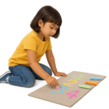 A child drawing chalk numbers.