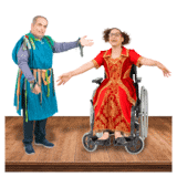 Two people acting with costumes on.