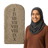 Roman numerals on a stone next to a woman.