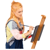 A woman with yellow hair painting on an easel.