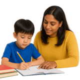 Parent helping a child with work.