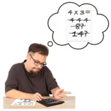 Finding maths hard a man with a thought bubble tries to do a maths question but gets it wrong.
