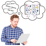 A person with dyslexia trying to read but in his thought bubbles the words are not making sense.