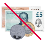 British money pounds and pence with a red line through.