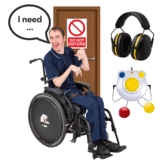 A boy with ear defenders and a quiet room and fidget toy next to him saying 'I need'.