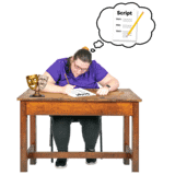 A person writing a script at a desk.