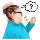 A woman with a blue top who cannot smell her food.