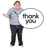 A person with a speech bubble saying thank you.