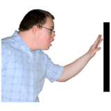 A man touching a black board with his hand.