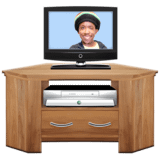 TV with a young man on, on top of a wooden unit.