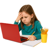 Girl struggling with computer doing learning.
