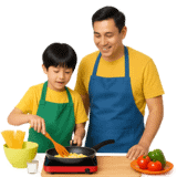 Father and son making food together.