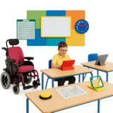 Inclusive classroom with assistive tools.