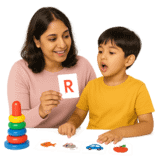A mother and child in speech therapy with adult holding the letter R and child speaking it.