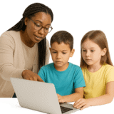 Adult or parent showing children how to use the computer.