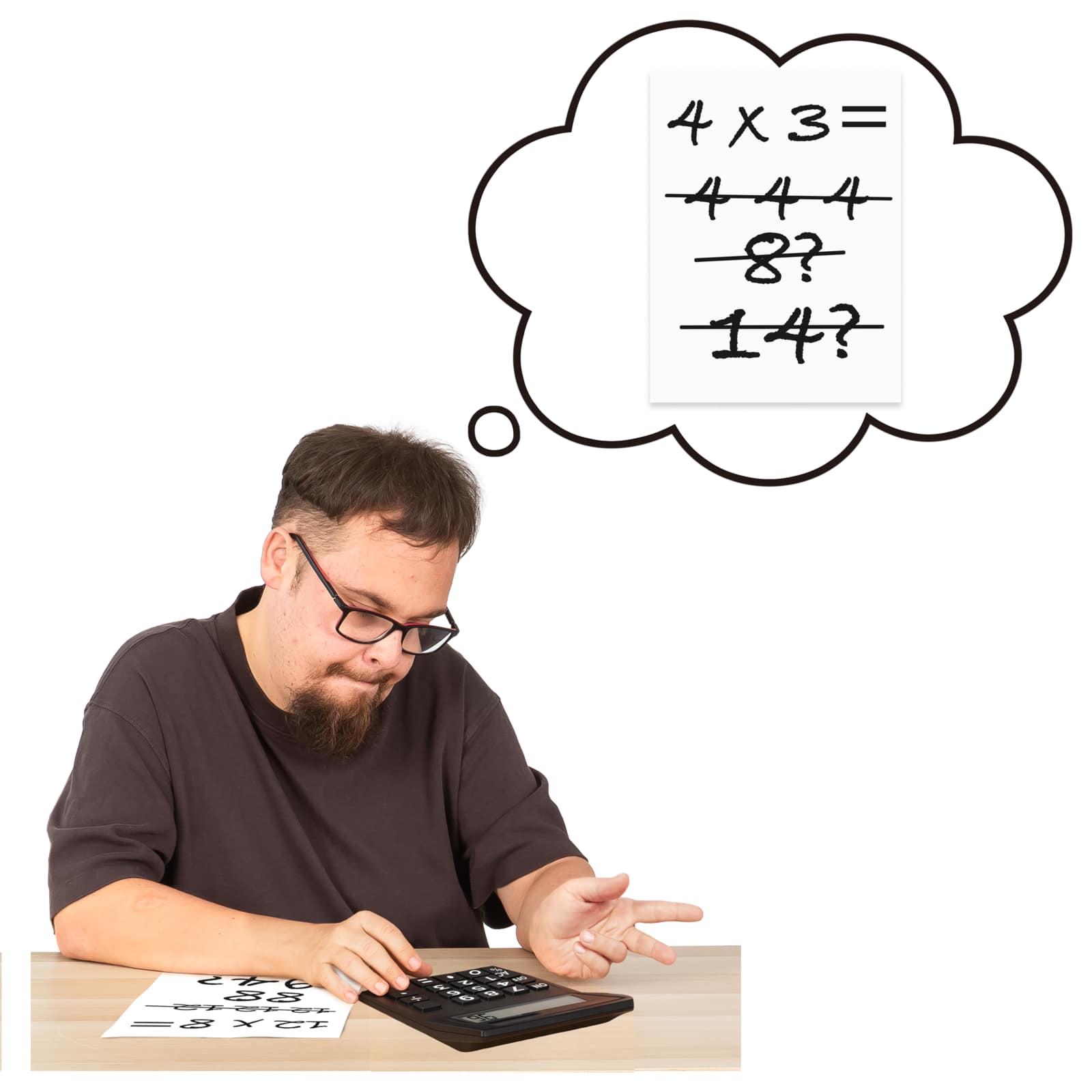 A man with a thought bubble trying to do a sum.
