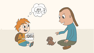 Illustration of boy learning the word for DOG with his mum through letters with a puppy sat between them.
