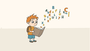 Illustration of boy as letters spill out of a book.