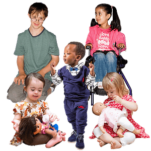 A group of children playing or sitting or standing.