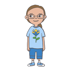 Illustration of a girl with brown hair and a blue and yellow flower on her blue t-shirt.