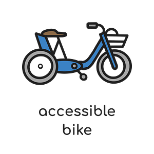 Illustration of a blue accessible bicycle with a basket at the front.