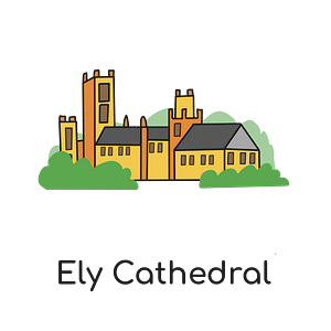 Illustration of Ely Cathedral, a yellow stone cathedral with towers and grey roofs.