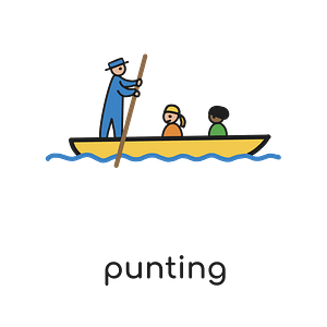Illustration of three people in a wooden punt boat on water, one standing with a long pole.