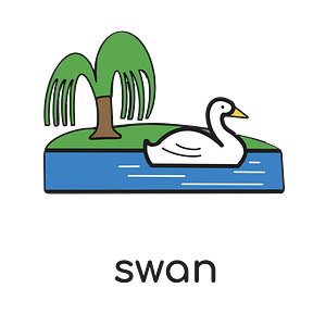 Illustration of a white swan on blue water beside a weeping willow tree.