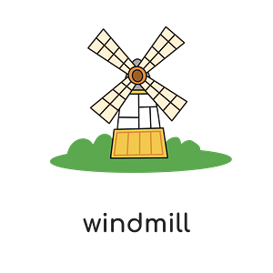 Illustration of a traditional windmill with white sails.