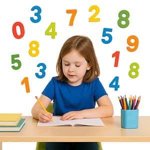 Girl surrounded by numbers.