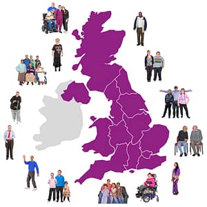 Purple UK with people around it.