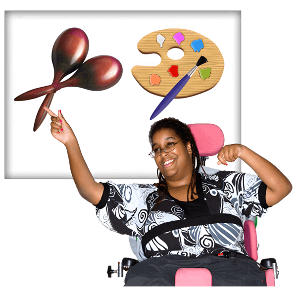 A woman pointing to either maracas or paint easel.