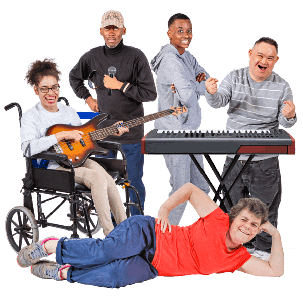 A group of people playing different instruments like a guitar and electric piano.